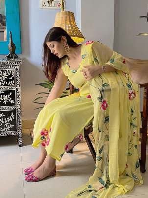 Yellow Straight  Floral Hand Printed Georgette Kurti Pant Set