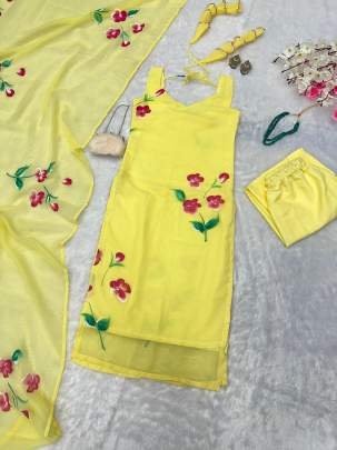 Yellow Straight  Floral Hand Printed Georgette Kurti Pant Set