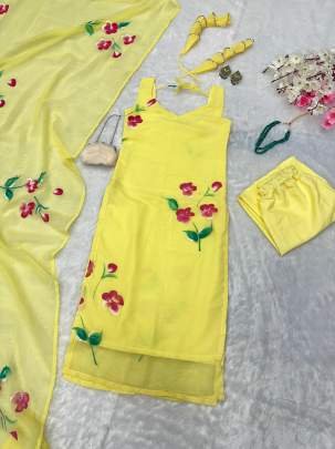 Yellow Straight  Floral Hand Printed Georgette Kurti Pant Set