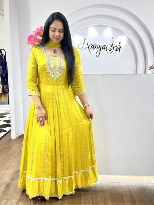 Yellow Stylish Festival Wear Chinnon Silk Anarkali Dress With Embroidery Work