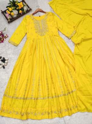 Yellow Stylish Festival Wear Chinnon Silk Anarkali Dress With Embroidery Work