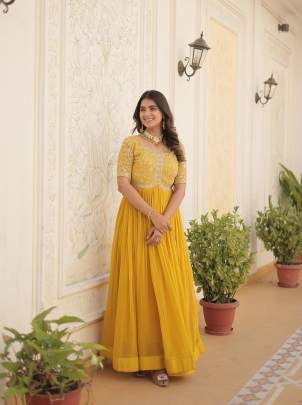 Yellow Tradition Designer Readymade Gown With Embroidery Work