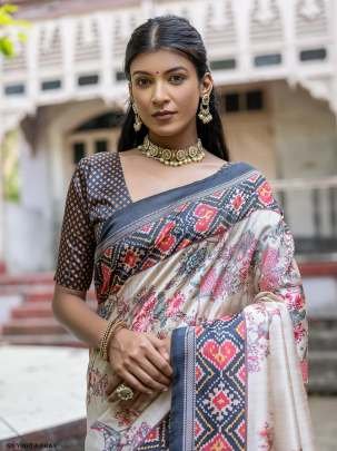 Yogita Gray Patola Printed Tussar Silk Saree