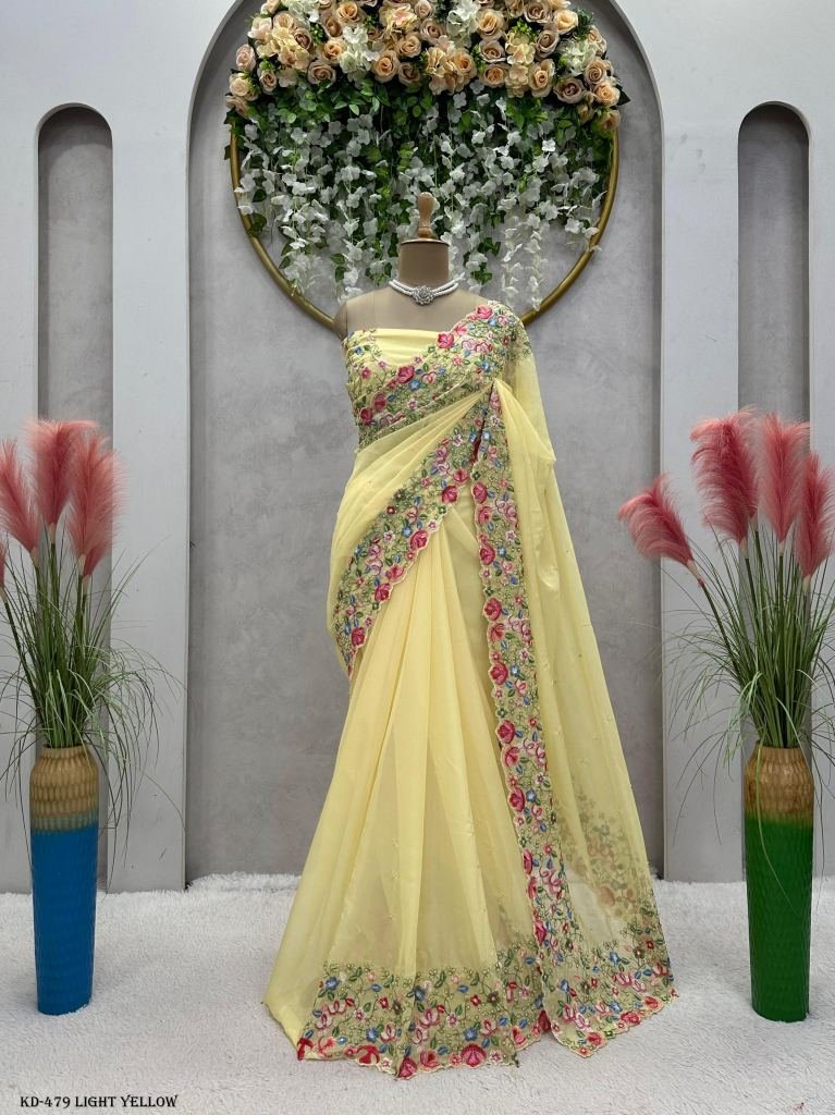 Soft yellow Pearl cheapest Work Saree